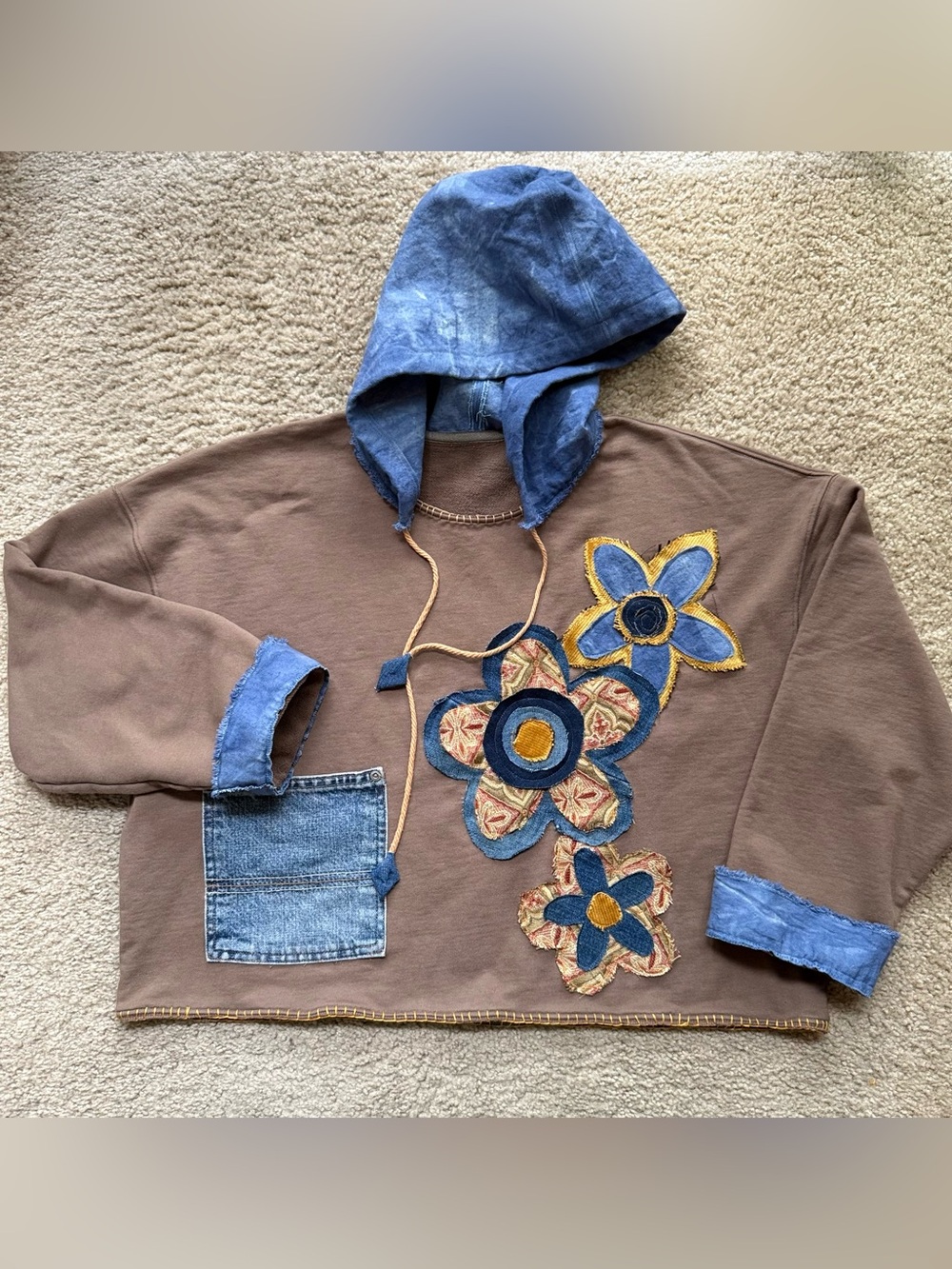 OOAK Handmade Upcycled Hoodie L/XL Eco Dyed Cotton Denim Patchwork Boho Floral - Picture 12 of 13